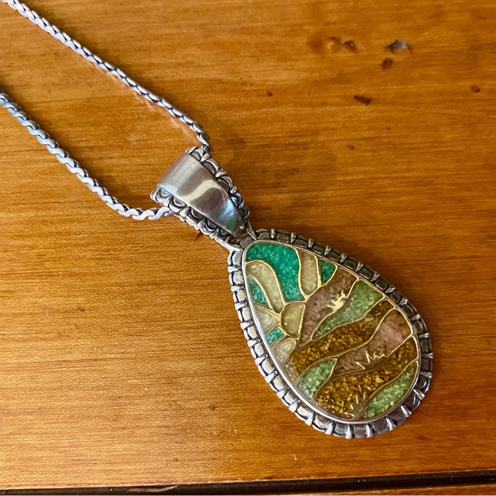 Carolyn Pollack Relios Sterling Silver Chip Mosaic Inlay Necklace Pendant